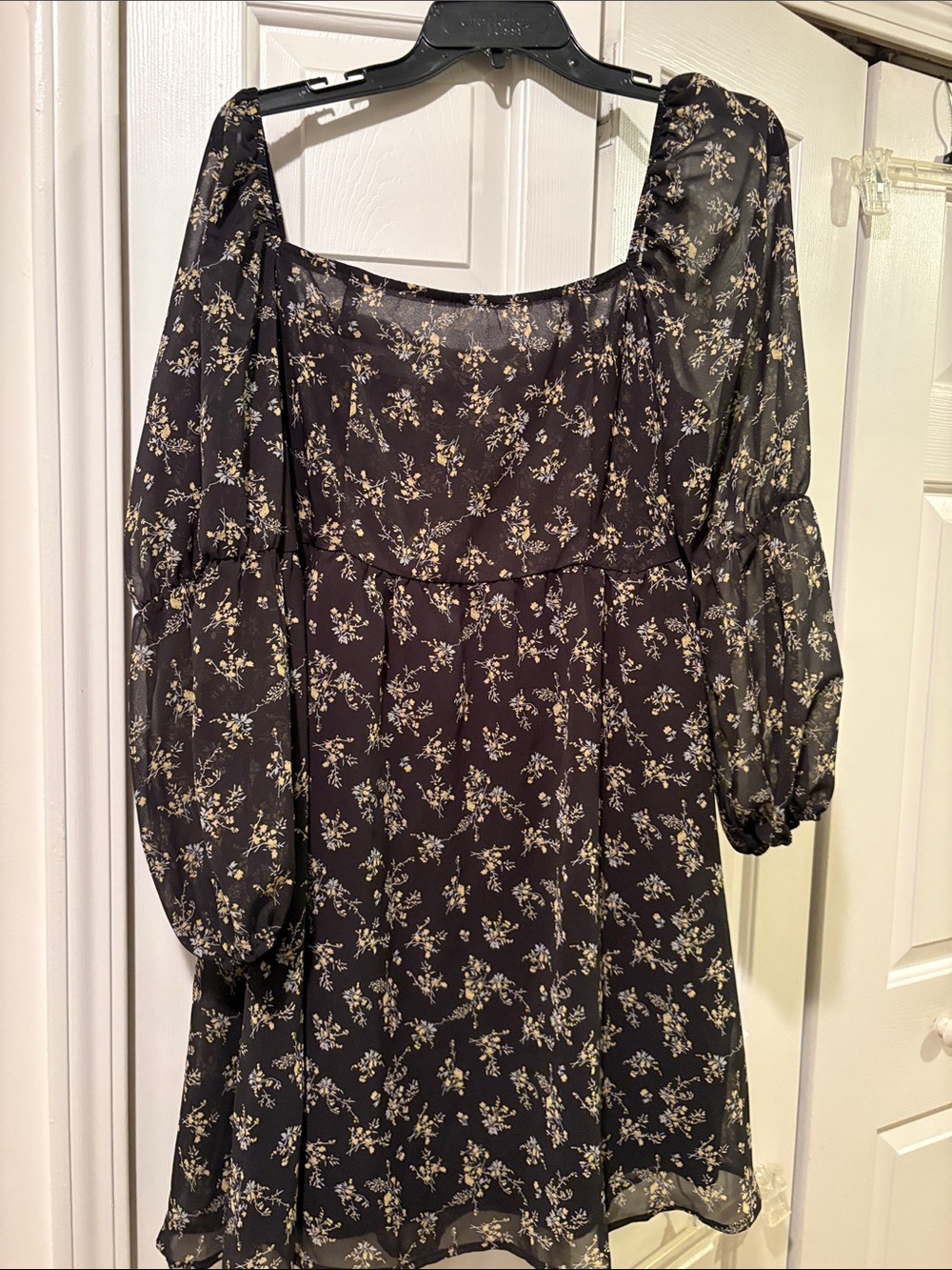 Sheer BoHo  Black Floral Square-Neck Mini Dress XXL